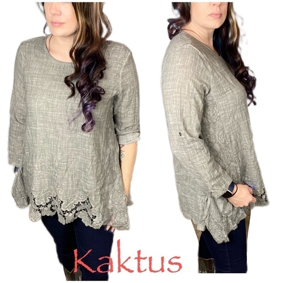 Kaktus grey mixed media long tunic lace trim - Picture 1 of 14